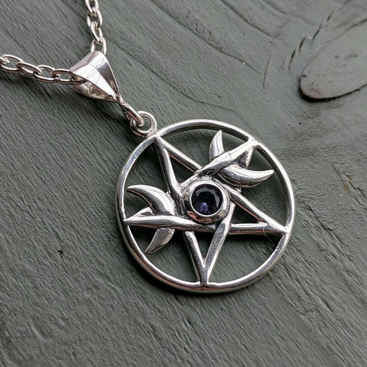 Solid 925 Sterling Silver Faceted Amethyst Pentagram Triple Moon Pendant Wicca
