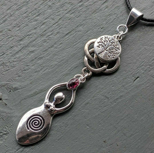 Celtic Knot, Tree of Life, Large Goddess & Garnet Pendant Chakra Wicca Pagan