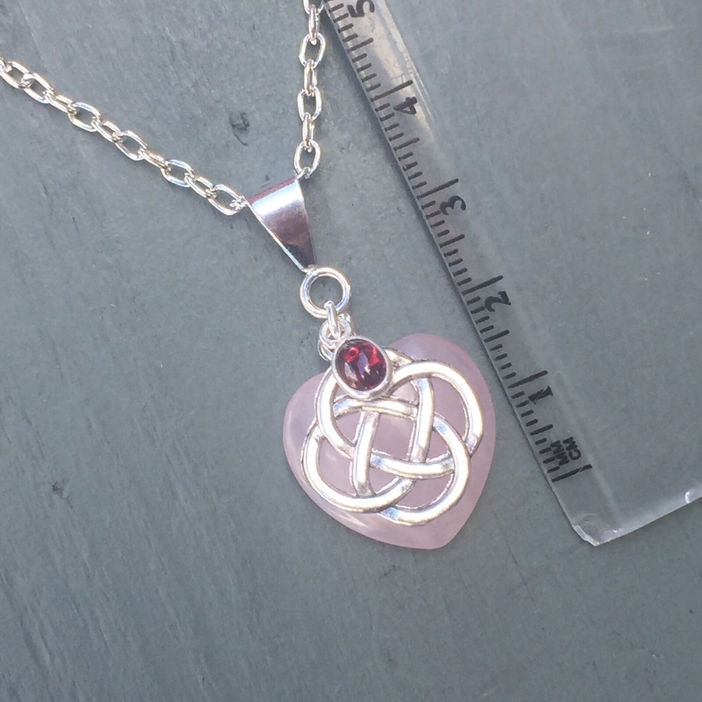 Rose Quartz Heart & Garnet 4 Element Celtic Knot Pendant Chakra Wicca Necklace