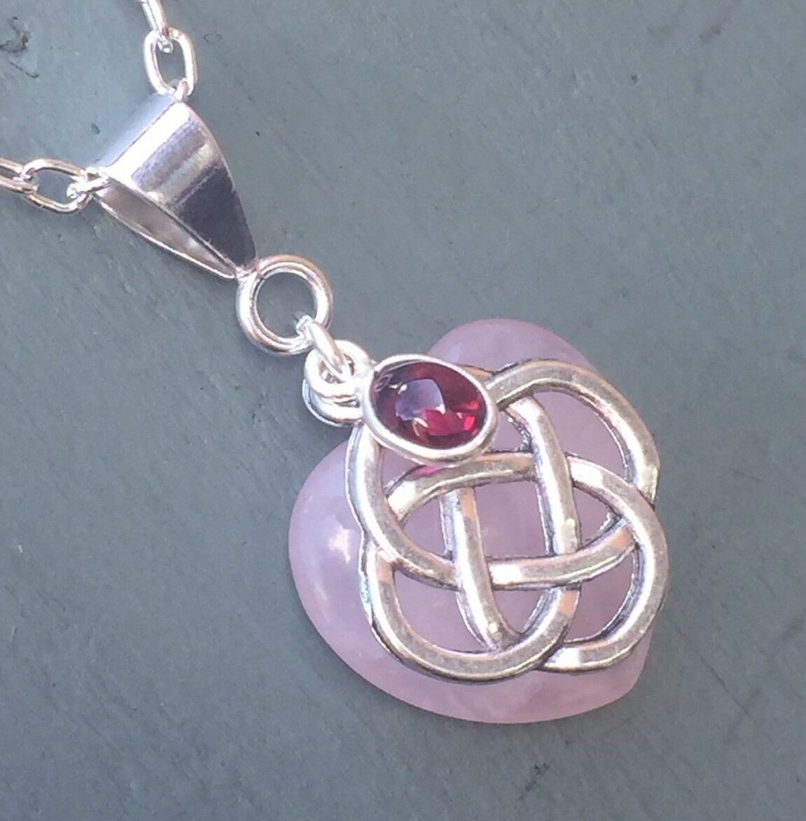 Rose Quartz Heart & Garnet 4 Element Celtic Knot Pendant Chakra Wicca Necklace