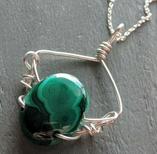 Handmade 925 Sterling Silver malachite wire wrap Pendant necklace - Box & chain