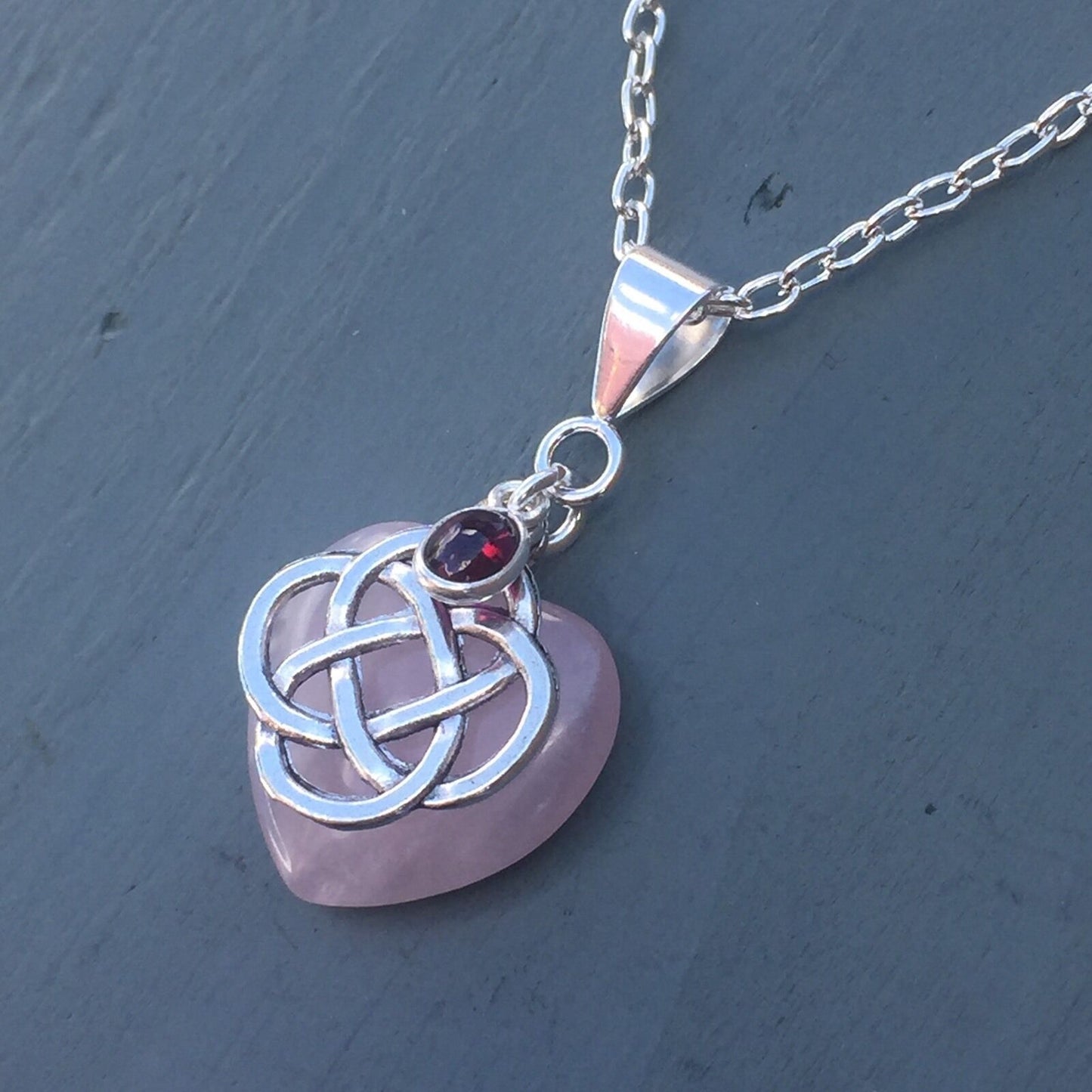 Rose Quartz Heart & Garnet 4 Element Celtic Knot Pendant Chakra Wicca Necklace