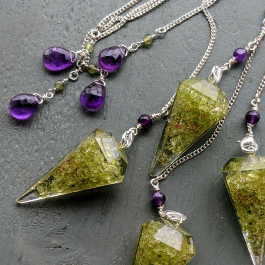 Peridot Orgone pendulum & AA Grade Amethyst Briolette Beaded Chain