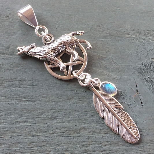 Labradorite adorned Wolf, Feather & Pentagram Costume Spirit Guide Pendant