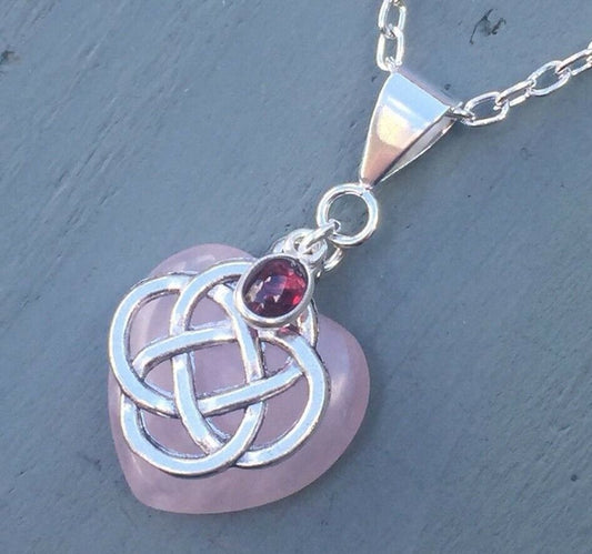 Rose Quartz Heart & Garnet 4 Element Celtic Knot Pendant Chakra Wicca Necklace