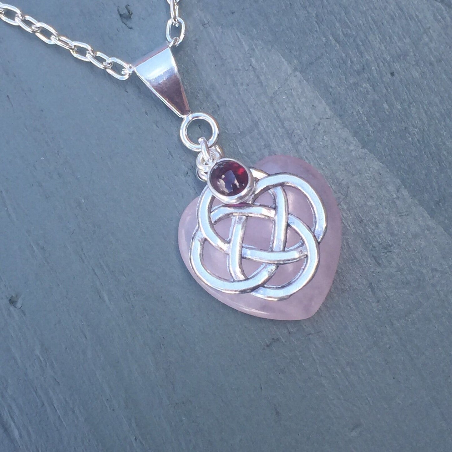 Rose Quartz Heart & Garnet 4 Element Celtic Knot Pendant Chakra Wicca Necklace