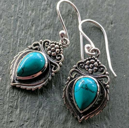 Ornate Turquoise Solid 925 Sterling Silver Stamped hook Earrings boho chic