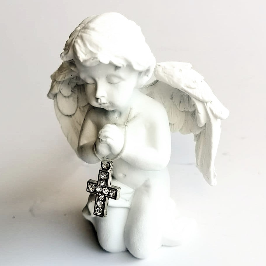 Detailed small pottery cherub child angel with diamonte cross