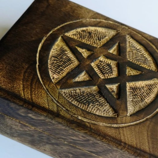Hand carved soft wood hinged soft wood pentagram box